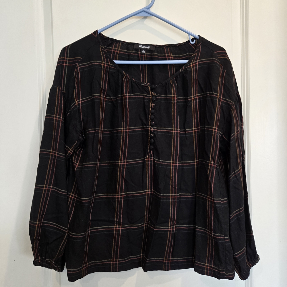 Madewell Shirred Peasant Top in Windowpane